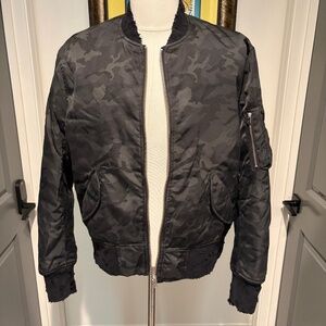 IRO Mens Distressed Bomber Jacket Black Camo Size Medium - Brand New
